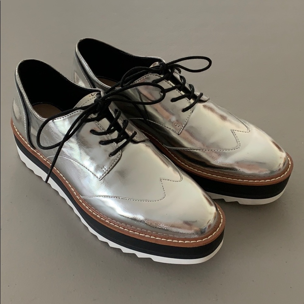 Zara Metallic Silver Platform Brogues - 40